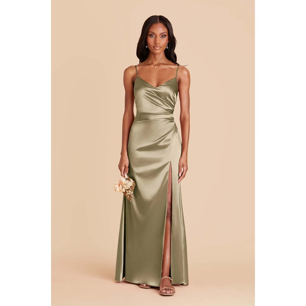Birdy Grey Catherine Shiny Dress Satin Ruched Slit Moss Green Size M